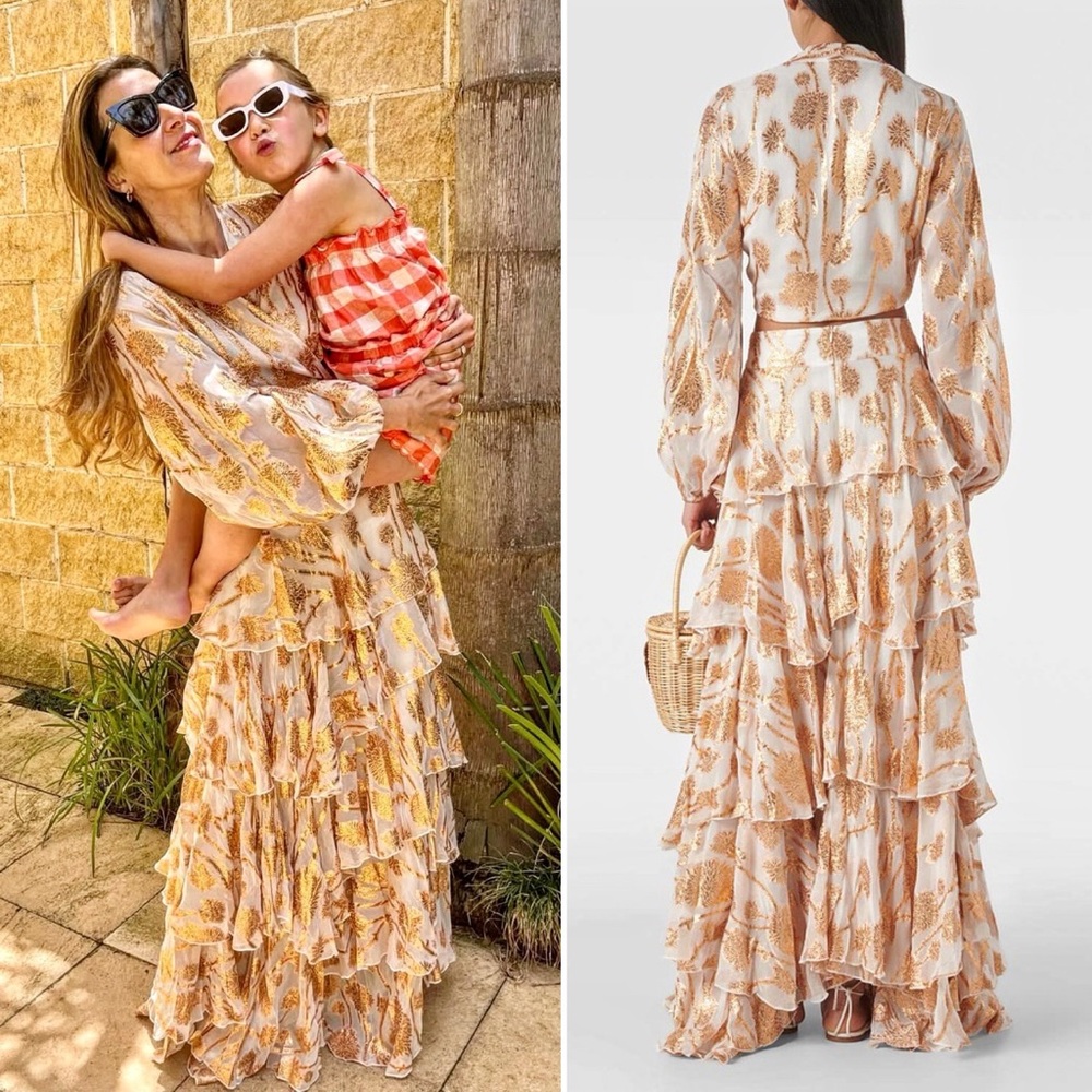 Alexandra Miro Cordelia Tiered Ruffle Maxi Skirt Gold Metallic Floral Large L - Picture 12 of 14